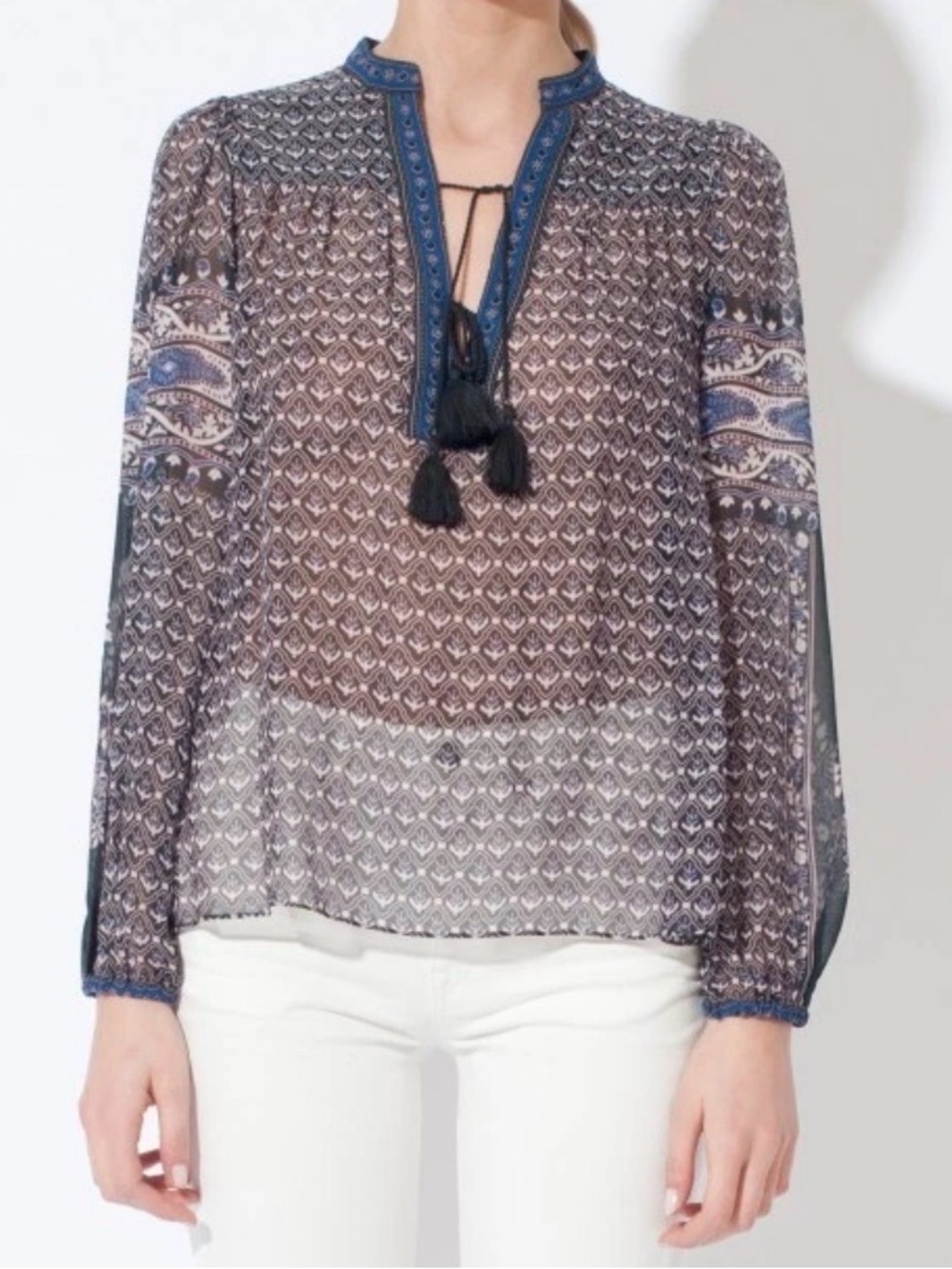 Ulla Johnson Amala Silk Geometric Print Tassel Blouse Blue
